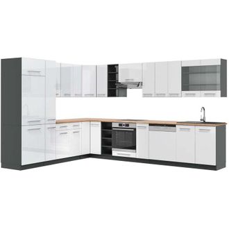 Vicco Cocina Esquinera Fame-line, Blanco Brillo/antracita, 347 X 257 Cm, Et Roble