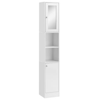 OEM Armario Alto Para Ba&ntilde;o Con Espejo Mueble Columna De Ba&ntilde;o Madera Con 2 Estantes Abiertos 2 Puertas Y Baldas Interiores Ajustables 30x28x180 Cm Blanco