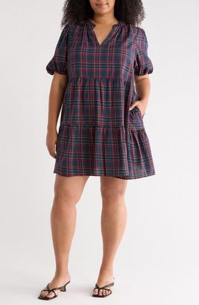 Sugarlips Chapman Plaid Puff Sleeve Dress in Navy-Multi at Nordstrom, Size 3X