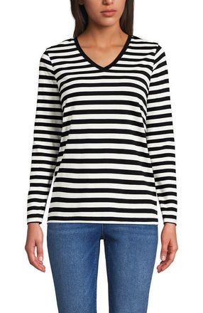 Lands End Relaxed Supima Cotton Long Sleeve V-Neck T-Shirt in Black Even Stripe at Nordstrom, Size X-Large