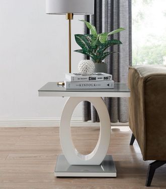 Furniturebox Giovani Modern Square White High Gloss & Glass Top Side End Table Perfect for Living Rooms Hallways Bedrooms in Grey