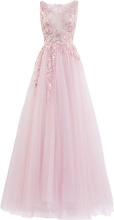 Saiid Kobeisy Dandelion-Embroidered Tulle Evening Dress