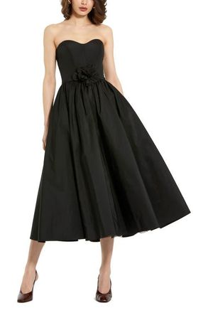 Mac Duggal Faille Strapless A Line Midi Dress With 3D Rose in Black at Nordstrom, Size 10