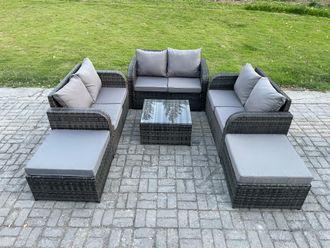 Fimous 8 Seater High Back Rattan Garden Furniture Set with Square Coffee Table 2 Big Footstool Love Sofa Indoor Outdoor Patio Lounge Sofa Set