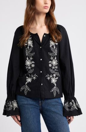 Treasure & Bond Embroidered Front Button Top in Black-Ivory Embroidered Floral at Nordstrom, Size Xx-Small