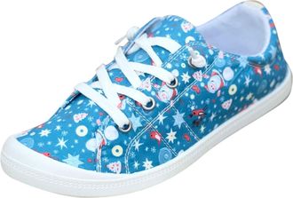 Generic Fashion Autumn Winter Women Casual Flat Shoes Round Toe Lace Up Comfort Non Slip Sole Christmas Holiday Print Design Daily Walking Footwear (Sky Blue,