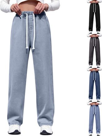 Generic Wide Leg Jeans for Women Baggy High Waisted Jeans Stretch Straight Leg Pants Casual Drawstring Trousers