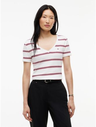 Tommy Hilfiger Womens Slim Fit Striped V-Neck Favorite T-Shirt - Ecru - XXL