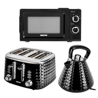Geepas Argyle Matching 1.5L Kettle, Toaster & 20L Microwave Oven Set in Black
