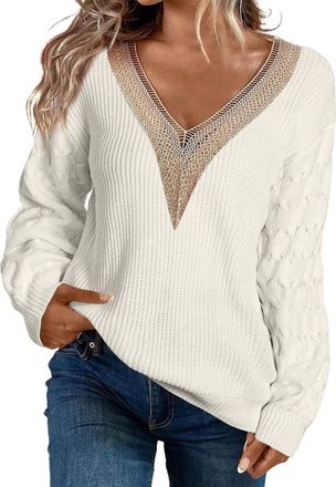 Generic Womens V Neck Lace Trim Lightweight Soft Jumpers Ladies Colour Contrasts Splits Side Relaxed Fit Tunic Tops White