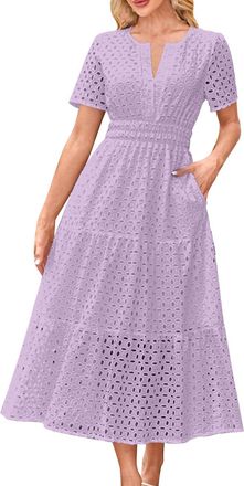 Generic Womens Summer Maxi Dresses Casual Short Sleeve V Neck Hollow Out Eyelet Ruffle Swing A Line Party Long Wedding Guest Evening Dress Ladies Beach Vacati