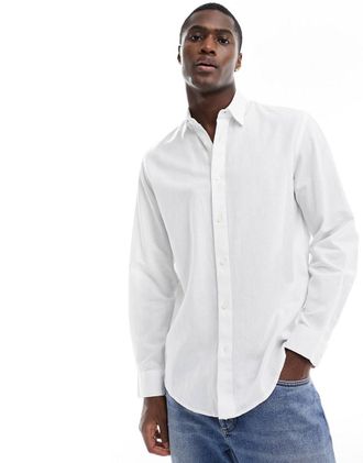 Selected long sleeve linen mix shirt in white