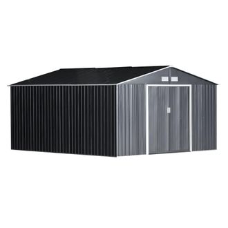 OUTSUNNY Cobertizo De Jard&iacute;n De Exterior 12,4 M&sup2; 340x386x200 Cm Caseta De Jard&iacute;n Con 2 Puertas Corredizas Base Refuerzo (suelo No Incluido) Gris Oscuro