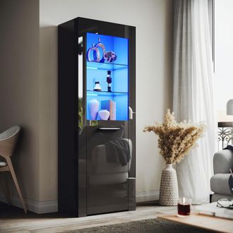 Elegant Lighting Designer Large Display Cabinet Cupboard in Black High Gloss Multicolour led Lights 5mm Tempered Safety Glass Shelves 1650 x 600 x 35 mm - Elegant
