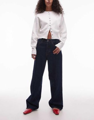 Topshop Jeans larghi lavaggio risciacquato a vita medio alta-Blu