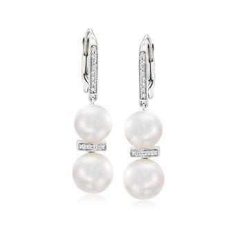 Ross-Simons 7.5-9mm Cultured Pearl and. Diamond Drop Earrings in Sterling Silver