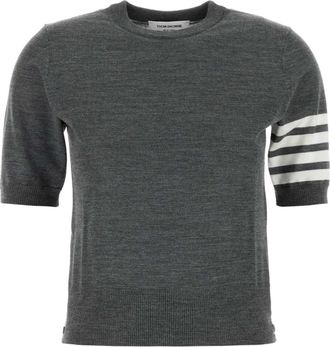 Thom Browne 4 Bar Strepen Fijngebreid T-shirt - Dames - Ronde hals truien - Grijs - S - Wol - Truien & Vesten