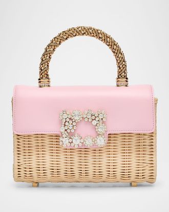Roger Vivier Flower Strass Bamboo Wicker Shoulder Bag