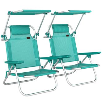 OUTSUNNY Pack De 2 Sillas De Playa Plegables Con Dosel Ajustable, Respaldo Reclinable En 6 Posiciones Y Reposacabezas, Brazos, Carga 120kg, Turquesa