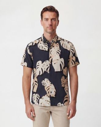 Lords of Harlech Monstera Floral Mens Merino Wool Button-up Shirt in Monstera Floral Smoke at Nordstrom, Size Xx-Large