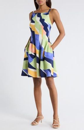 Vince Camuto Scuba Knit Fit & Flare Dress in Blue Multi at Nordstrom Rack, Size 14