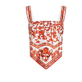 Dolce & Gabbana Bustiertop van zijden twill met Majolica-print - Dames - Tops - Oranje - Maat: M Zijde