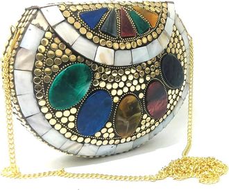 Generic multicolor stone studded pattern MOP metal clutch womens bag mosaic handmade bag partywear