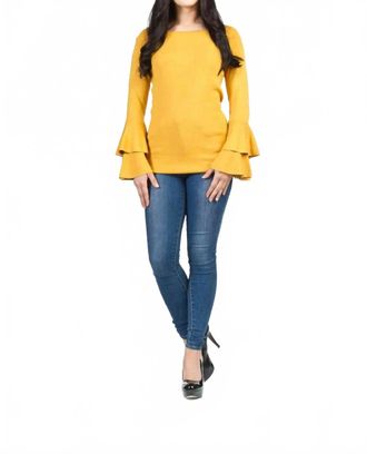 Papillon Boat Neck Ruffle Sleeve Sweater In Mustard