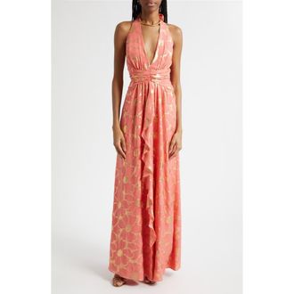 Ramy Brook Stephanie Metallic Daisy Print Halter Gown in Coral Jacquard at Nordstrom, Size 12