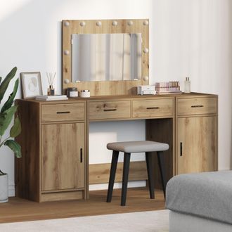Berkfield Home 3 Piece Dressing Table Set with LED Artisan Oak Engineered Wood in Brown