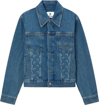 Marine Serre Jassen, Heren, Blauw, M, Denim, Moon Laser Denim Trucker Jacket