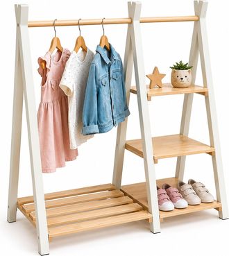 Relaxdays Relaxdays Perchero Infantil, Pino, Barra Y Estante, 111,5 X 112 X 48 Cm, Habitaci&oacute;n Infantil, Natural/blanco