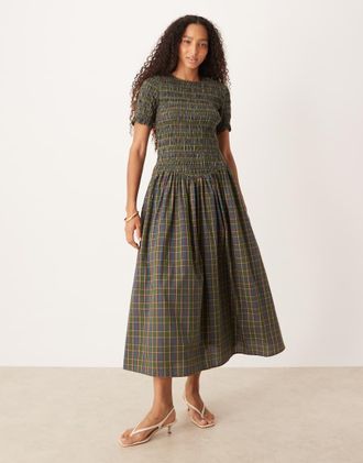 Amy Lynn Vestito midi arricciato verde a quadri