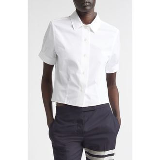 Thom Browne Pleated Cotton Poplin Button-Up Blouse in White at Nordstrom, Size 10 Us