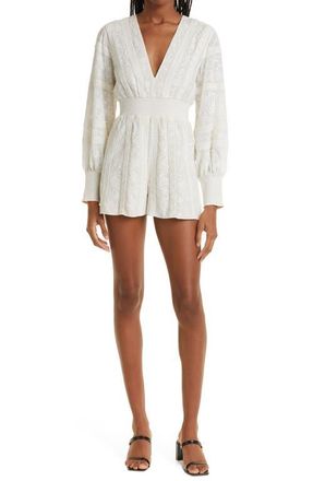 Alice & Olivia Darla Embroidered Long Sleeve Cotton Romper in Off White at Nordstrom, Size 6