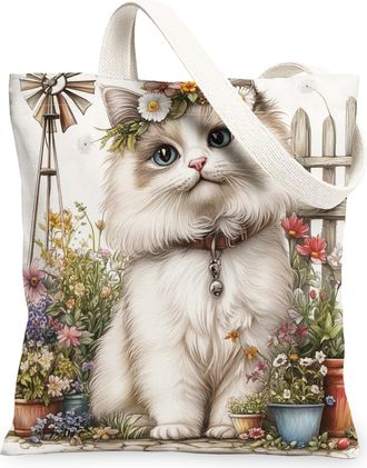 Generic Spring Ragdoll Cat Canvas Tote Bag for Shopping 13x15, Farmhouse Country Kitten Reusable Grocery Print Bag for Women, Farm Pet Beach Aesthetic Paintin