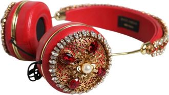 Dolce & Gabbana Auriculares Nappa de Cuero con Flores de Cristal - Accessories - Mujer - Rojo - ONE SIZE