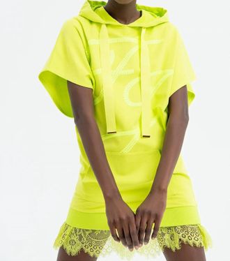 Fracomina Bat Sweater Hoody Dress In Lime