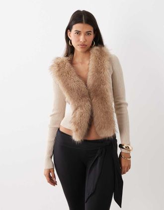 I.AM.GIA Kytia cardigan top in maglia a coste con bordo in pelliccia sintetica stone-Neutro