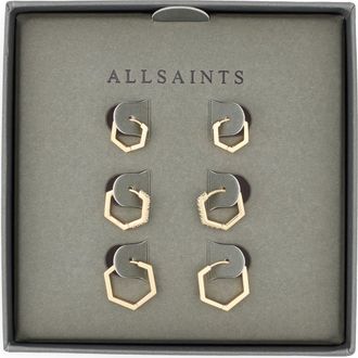 AllSaints Set of 3 Crystal Hexagonal Hoop Earrings in Gold at Nordstrom Rack