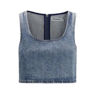 Self Portrait Rhinestone Denim Crop Top - Dames - Tops - Blauw - Maat: 2XS Denim