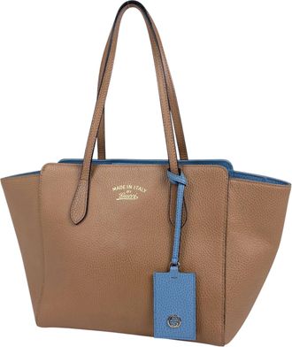 Gucci Beige Blue Leather Shoulder Bag Tote Bag (Pre-Owned)