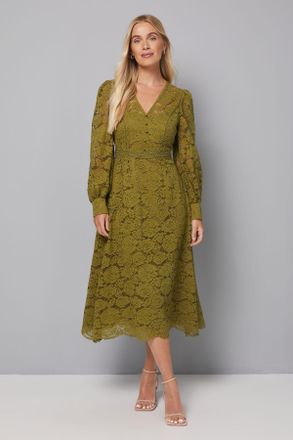 Wallis Womens Petite Lace Fit & Flare Midi Dress - Green Polyamide - Size 14 UK