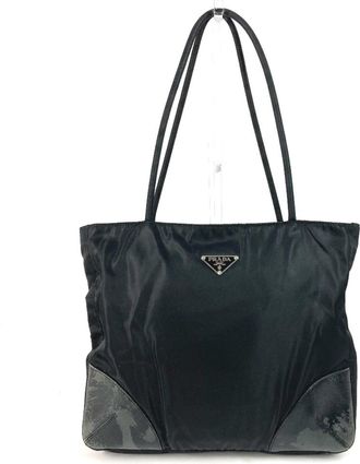 Prada Black Nylon Leather Shoulder Bag Tote Bag (Pre-Owned)