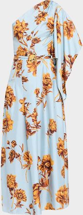 Oscar De La Renta Peony-Print Draped One-Shoulder Midi Dress With Belt