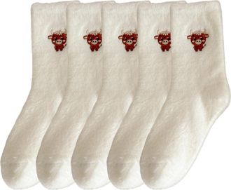Generic Highland Cow Slipper Socks for Women - Cozy, Fuzzy, Thick Winter Bed Socks | Cute Holid Present (5pcs*White)