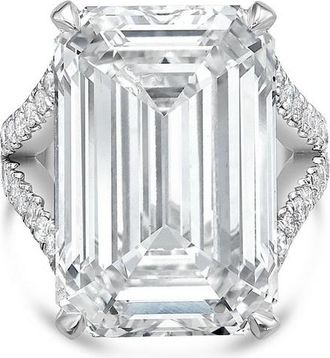 Diana M. Jewels Platinum lab grown diamond engagement ring with a 10ct emerald center and 1.50 cts on the split shank sides