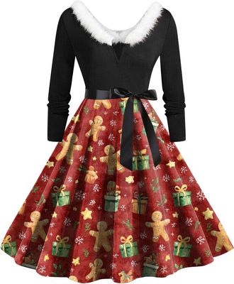 Generic Christmas Dress Womens V Neck Long Sleeve Winter Dress Elegant Perfect Party Printed Xmas Costume Swing Dresses Womens Christmas Sweatshirt Outfits Sw