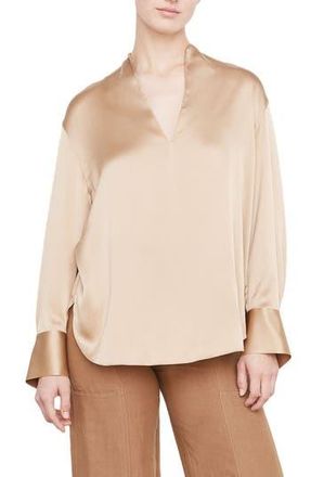 Vince Split Neck Silk Blouse in Pale Wheat at Nordstrom Rack, Size Small