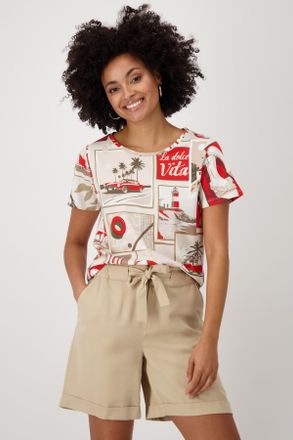 Monari Rundhalsshirt MONARI, Damen, Gr. 36, beige (rot beige gemustert), Web, Obermaterial: 50% Baumwolle, 50% Modal, bedruckt, gemustert, mehrfarbig, regula